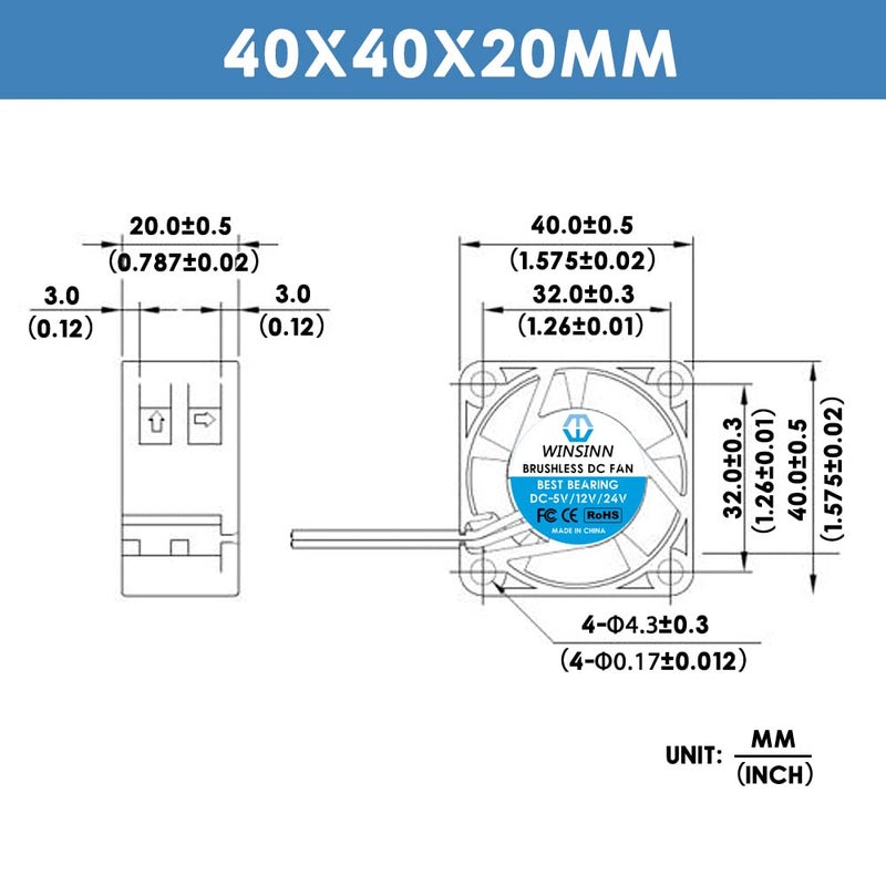 WINSINN 40mm 12V Fan - Dual Ball Bearing 8000 RPM 4020 Cooling Fan Replacement for 3D Printer/PC Cooling/Automotive, 30cm Cable with XH2.54-2PIN, Brushless 40x20mm (4Pcs) - Image 2